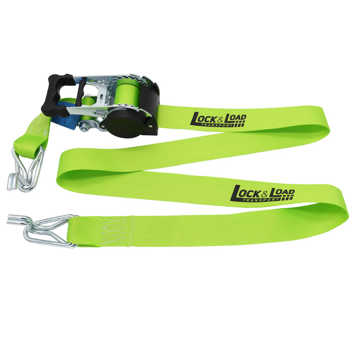 Pair of Green Retractable Ratchet Straps with Swan Hooks 50mm Wide 3m Long