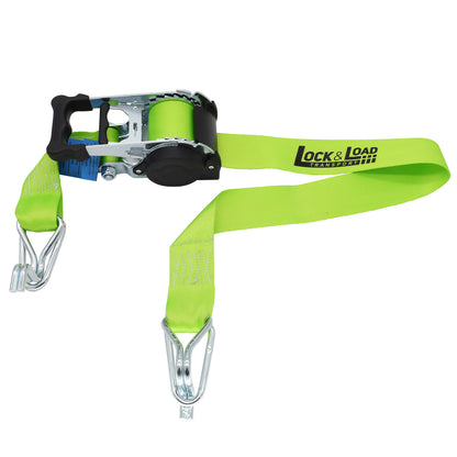Pair of Green Retractable Ratchet Straps with Swan Hooks 50mm Wide 3m Long - RW216
