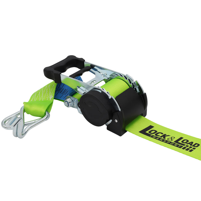 Pair of Green Retractable Ratchet Straps with Swan Hooks 50mm Wide 3m Long