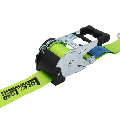 Pair of Green Retractable Ratchet Straps with Swan Hooks 50mm Wide 3m Long - RW216