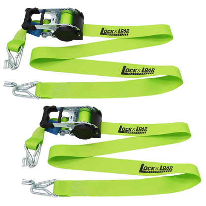Pair of Green Retractable Ratchet Straps with Swan Hooks 50mm Wide 3m Long - RW216