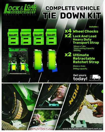 Wheel Chock Kit with 1.8m Straps & 25mm Retractable Ratchet - RW15 - Lock & Load Transport