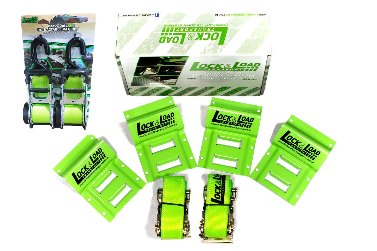 Wheel Chock Kit with Tie Down Straps 1.8m & 50mm Retractable Ratchet  - RW55 - Lock & Load Transport